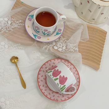 日本FS風花朵陶瓷咖啡杯碟套裝郁金香精致下午茶杯馬克杯杯子水杯