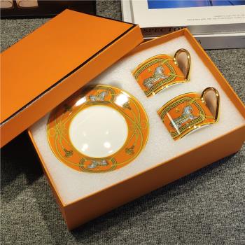歐式H原標咖啡杯碟勺組合皇家戰馬橙色下午茶具套裝輕奢禮品骨瓷