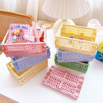 韓國ins風馬卡龍奶油色桌面折疊收納盒雜物膠帶收納置物筐籃子小