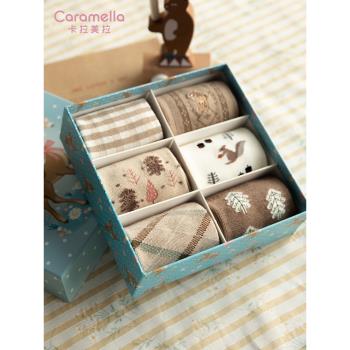 caramella襪子女ins潮春秋日系復古可愛新年聖誕襪純棉禮盒中筒襪