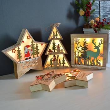 圣誕裝飾桌面創意擺件節日禮物品 老人木質五角星迷你樹燈led彩燈