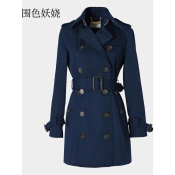 軍綠色英倫風衣女2025春秋新款中長款修身雙排扣小個子短款外套潮