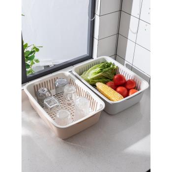 雙層洗菜籃子瀝水籃大號塑料家用洗水果盤廚房長方形洗菜盆碗筷架