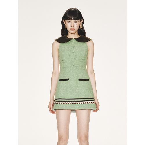 lefame拉飛姆騎士風絲絨翻領無袖花呢連衣裙