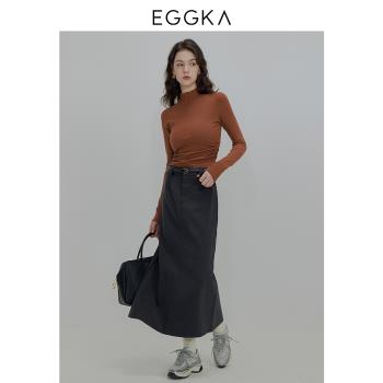 EGGKA 半高領長袖拉鏈短款毛衣外套女秋季修身開衫立領針織打底衫