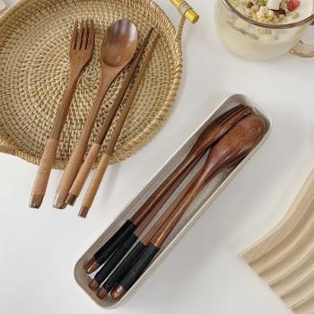 木質筷子勺子套裝便攜餐具筷勺叉子三件套單人學生日式女生收納盒