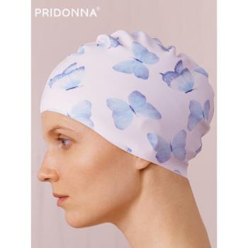 PRIDONNA硅膠防水泳帽藍蝴蝶時尚印花長發舒適成人游泳帽護耳大號