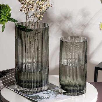 北歐簡約直筒條紋玻璃百合花瓶現代家居客廳插花瓶花器樣板間裝飾