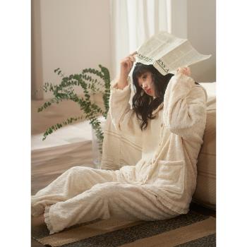 思莉太太珊瑚絨睡衣冬季女款加厚法式蕾絲高級感秋冬法蘭絨家居服