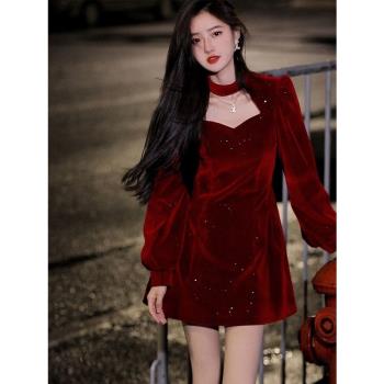 秋冬季2022新款紅色金絲絨長袖連衣裙子法式御姐裙女裝氣質女神范