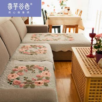 現代簡約布藝坐墊四季通用沙發罩沙發巾歐式防滑刺繡田園沙發墊子