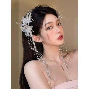 手工蝴蝶流蘇珍珠發夾女新娘婚紗頭飾森系水晶側邊發卡旅拍照發飾