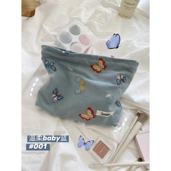 小白兔幾 韓國化妝包ins溫柔天青色精致重工刺繡蝴蝶收納袋便攜女