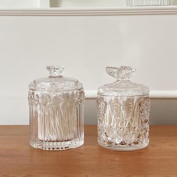 ins復古法式浮雕玻璃儲物罐桌面裝飾擺件化妝棉簽帶蓋罐子收納盒