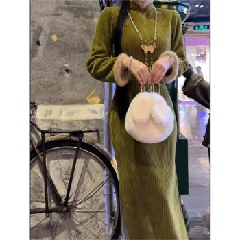 中國風年輕款綠色日常保暖旗袍