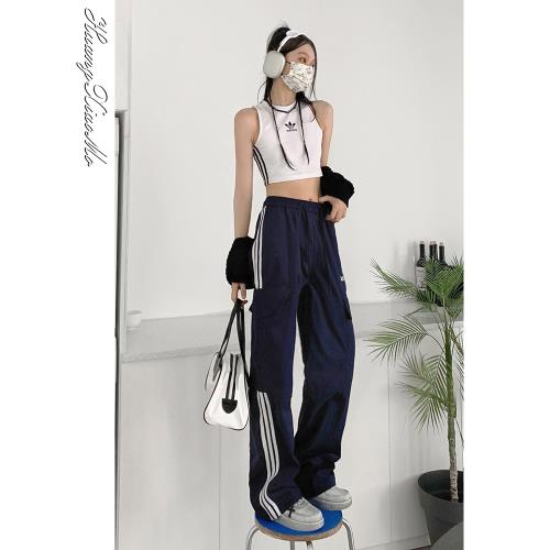 美式復古白邊三道杠戶外徒步工裝褲女高腰顯瘦闊腿運動寬松拖地褲