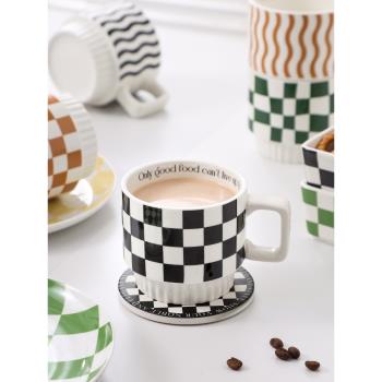棋盤格黑白格子美式復古咖啡杯杯子ins風高顏值陶瓷杯水杯馬克杯