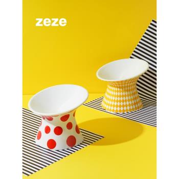 zeze貓碗陶瓷防打翻高腳雙碗食盆狗碗貓咪喝水碗保護頸椎飲水用品