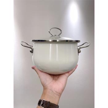 日式奶白色搪瓷雙耳湯鍋琺瑯煲鍋大容量電磁爐明火煮湯鍋豬油鍋