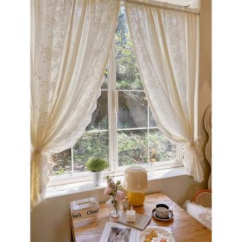 法式輕奢雙層紗簾奶油色窗簾復古蕾絲刺繡歐式透光不透人臥室客廳