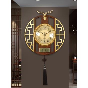 新中式黃銅鹿頭萬年歷掛墻鐘表中國風輕奢創意時鐘客廳裝飾掛鐘