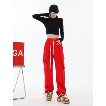 美式高街hiphop紅色工裝褲女秋冬復古設計感抽繩直筒闊腿爵士褲子