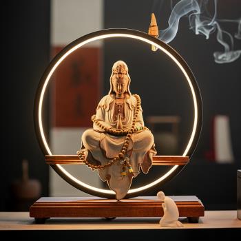 新中式禪意佛像觀音菩薩倒流香爐擺件LED燈飾家用室內茶道熏香爐