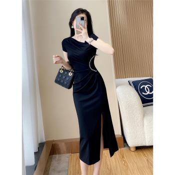 高階感氣質黑色連衣裙女夏設計感輕奢小眾顯瘦包臀禮服長裙小黑裙