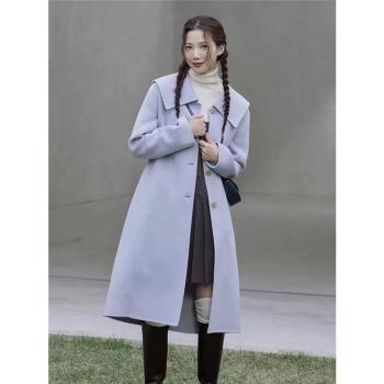 阿偉服飾秋冬新韓國LA*P女裝系帶海軍領長款手縫雙面羊毛大衣外套