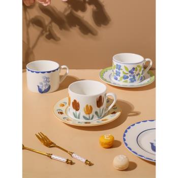 TINYHOME北歐ins復古花朵馬克杯陶瓷咖啡杯碟套裝家用下午茶水杯