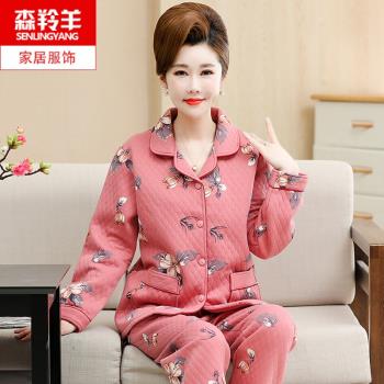 中老年夾層睡衣女春秋冬加厚純棉長袖老人婆婆奶奶中年家居服大碼