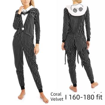 珊瑚絨黑白條紋西裝造型連體睡衣