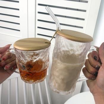 ins風帶把手帶蓋帶勺子 冰川紋玻璃杯高級感杯子女牛奶咖啡早餐杯