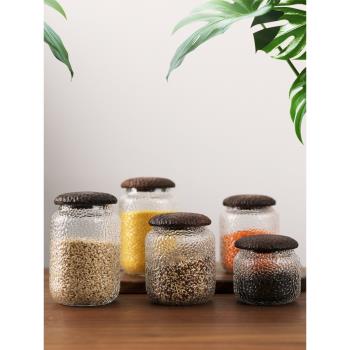 密封罐廚房日式玻璃罐食品級咖啡豆雜糧儲存罐黑胡桃木帶蓋茶葉罐