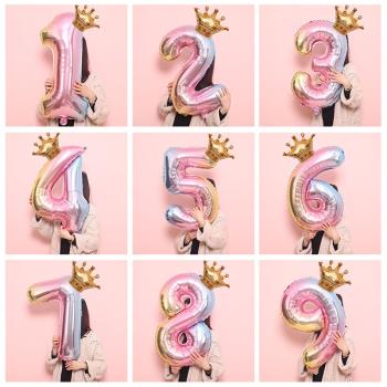 2024漸變彩虹數字帶皇冠氣球寶寶生日周歲主題派對背景墻布置裝飾