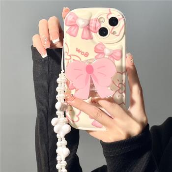 珍珠粉色蝴蝶結適用于蘋果14PROMAX手機殼13PRO新款女X潮牌XSMAX支架iPhone12PRO軟硅膠78PLUS全包11防摔套XR