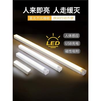 條形智能人體感應LED小夜燈USB充電磁吸鞋柜衣柜櫥柜光控起夜燈