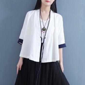 中國風復古文藝夏季棉麻七分袖小開衫漢服棉麻女裝小外套上衣女