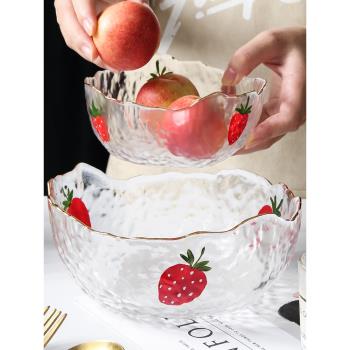 日式不規則錘紋金邊玻璃碗沙拉碗大號水果家用耐高溫玻璃碗可愛