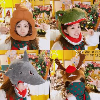 日系韓版可愛帽子搞怪鯊魚恐龍頭套圣誕麋鹿少女拍照道具秋冬季潮