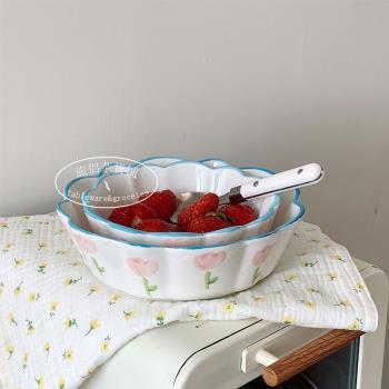 韓式ins郁金香花邊陶瓷碗空氣炸鍋專用碗水果沙拉甜品碗泡面碗