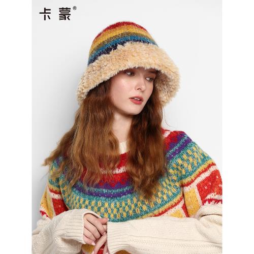 卡蒙可折疊綿羊毛護耳漁夫帽保暖冬季針織毛線帽女顯臉小加絨盆帽