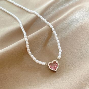 粉色愛心珍珠項鏈女2023年新款爆款輕奢網紅鎖骨鏈高級感頸鏈配飾