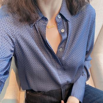 細格子印花襯衫女士2023秋季新款設計感洋氣長袖襯衣寬松打底上衣