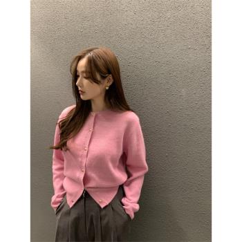 韓國chic春季復古圓領長袖毛衣外套女單排扣針織衫