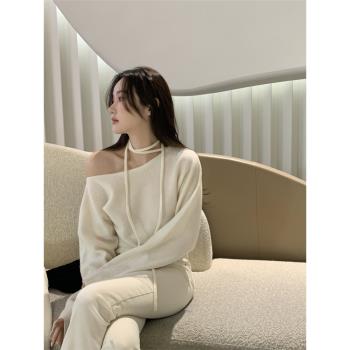 韓國chic2024春季新款法式復古露肩系帶長袖毛衣