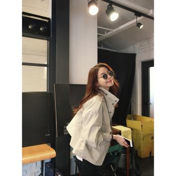軍綠色工裝外套女短款韓版寬松收腰bf風衣春秋休閑夾克多口袋上衣