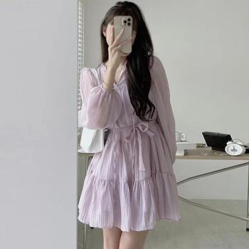 韓國chic春季法式溫柔V領系帶褶皺肌理感設計小個子長袖連衣裙女
