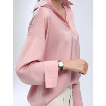 粉色襯衫女士春秋醋酸緞面垂感小個子高級設計感小眾寬松襯衣外套