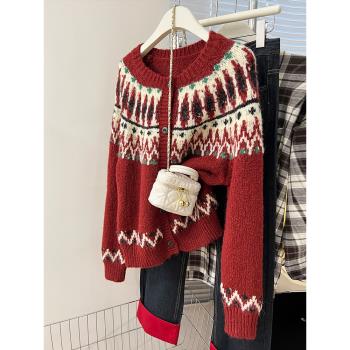 費爾島復古新年紅色毛衣外套女春裝2024新款加厚慵懶風針織開衫女